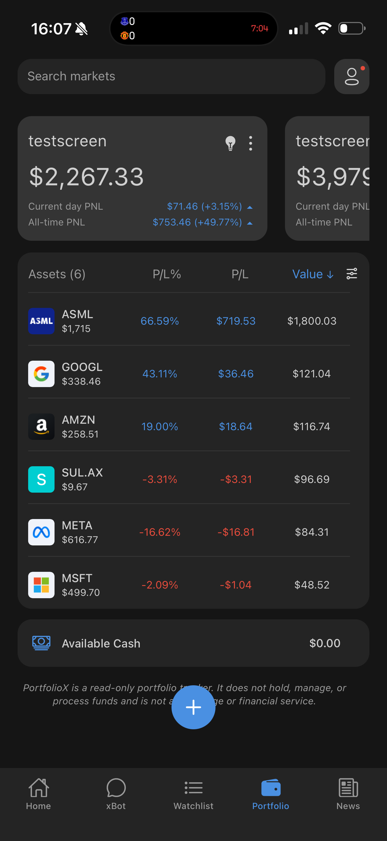 Portfolio holdings with profit, loss and asset values